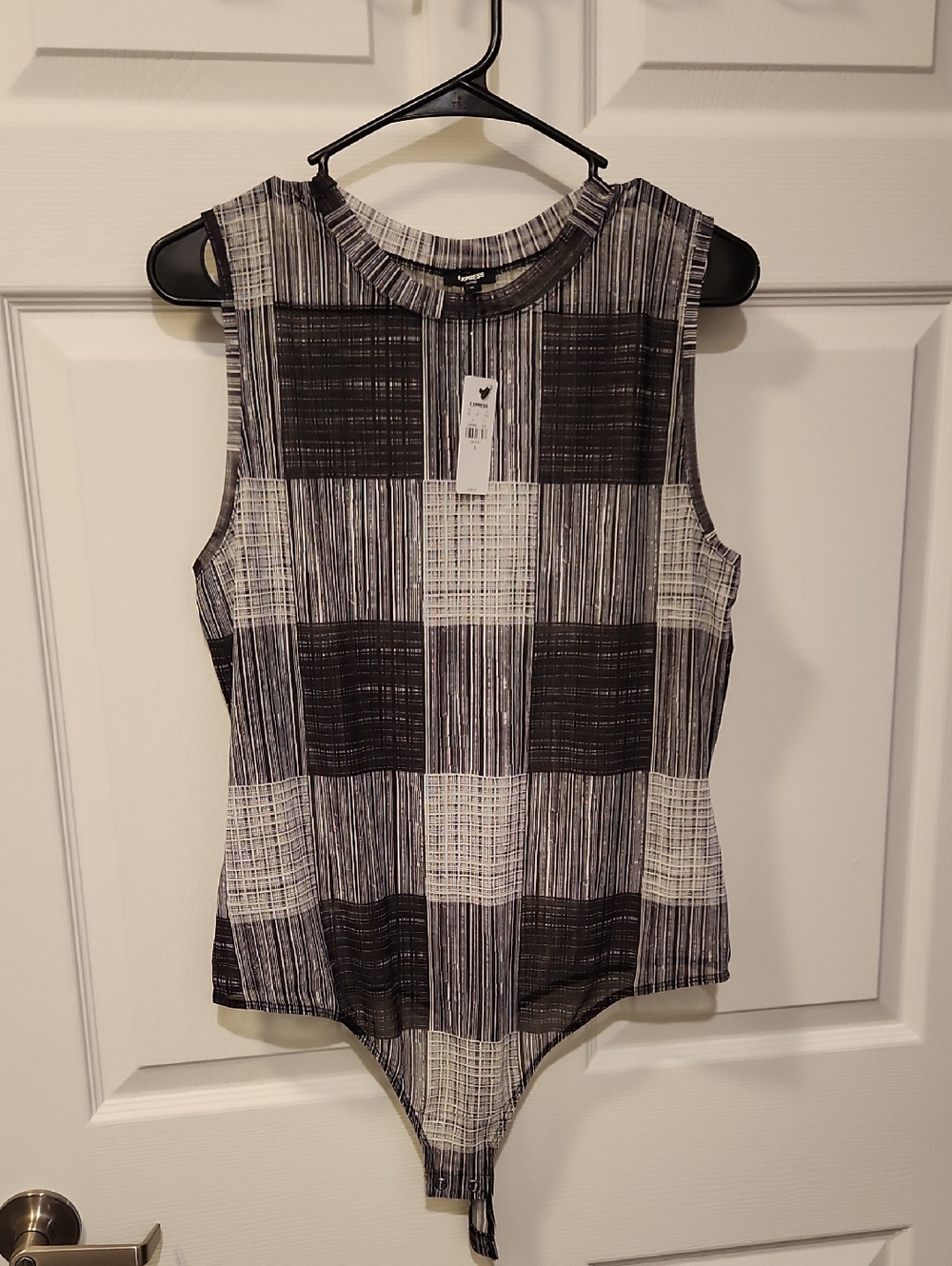 Express Sleeveless Black & White Plaid See-through Bodysuit